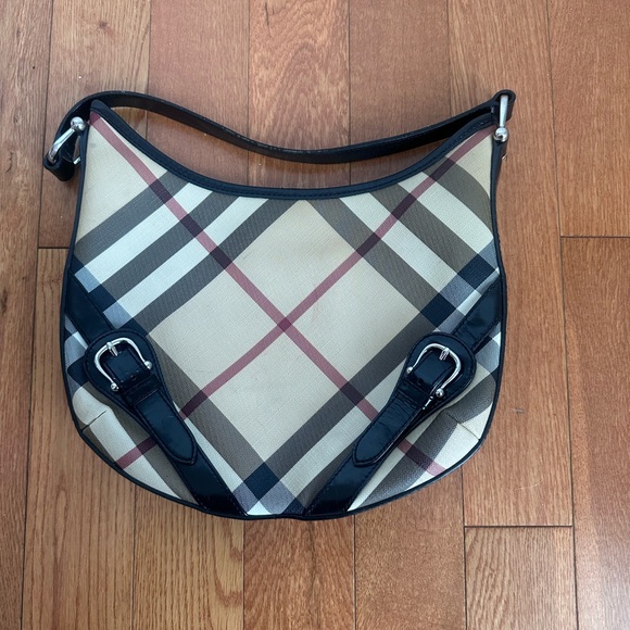 BURBERRY Large Larkin Hobo Handbag Tan SuperNova Check Black Patent - Picture 8 of 9